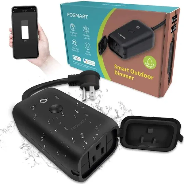 Smart Dimmer Plug Fosmart Outdoor Smart Plug Works with Alexa and Google Home Smart WiFi Plug-in Dimmer Switch for LED String Light Wireless Remote Control Max Power 350W IP44 Waterproof/Timer