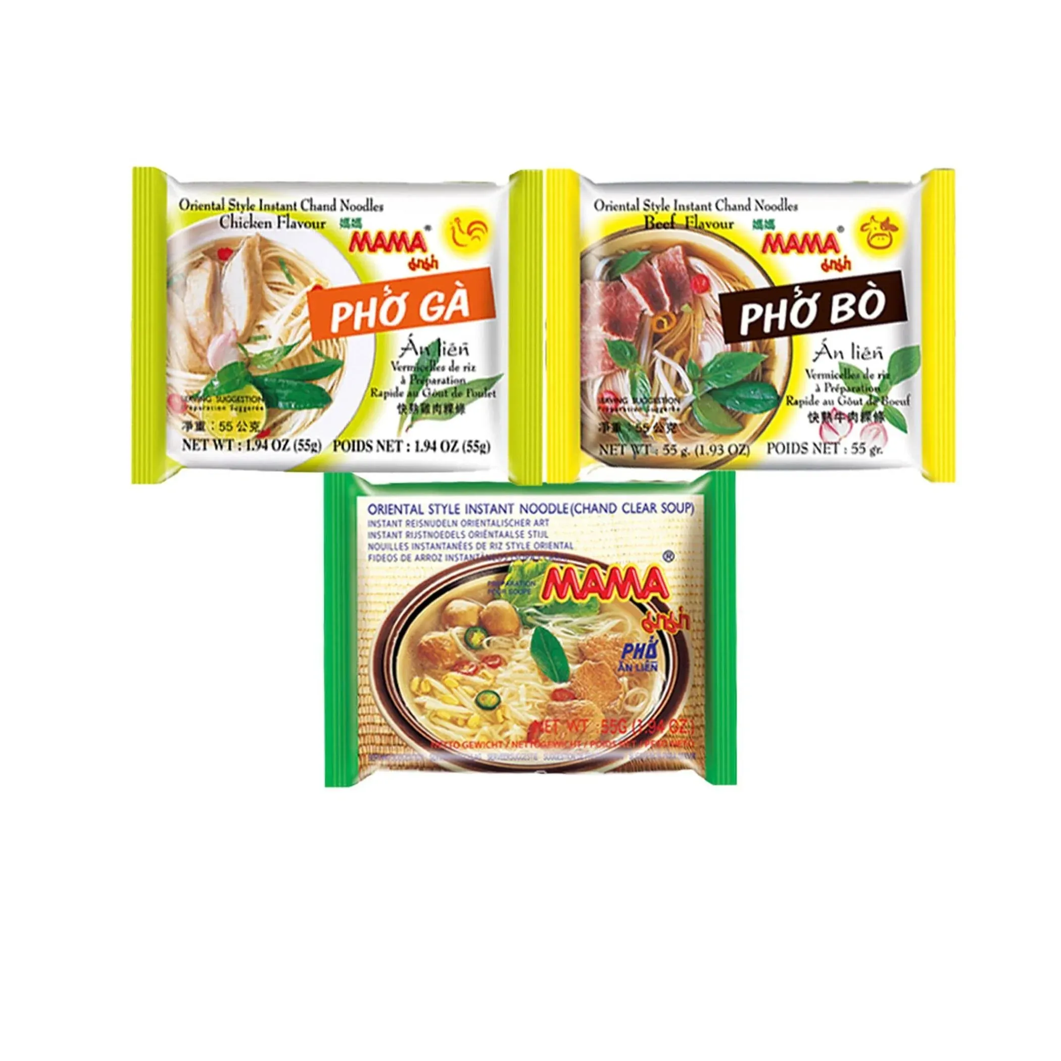 Mama Pho Bo Beef Pho GA Chicken & Pho Clear Oriental Style Instant Chand Noodles Variety Pack