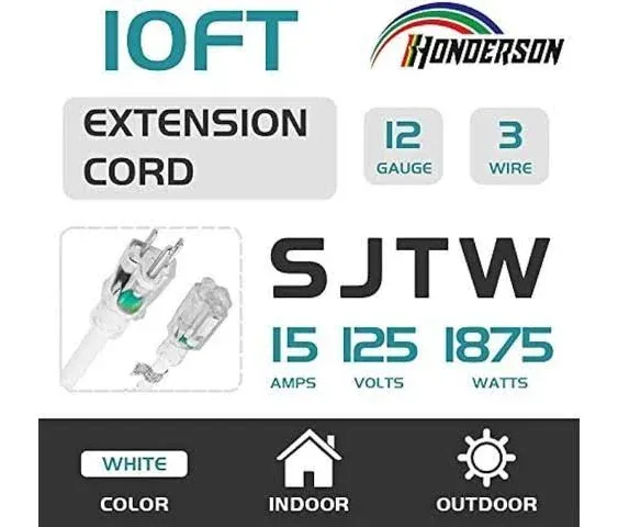 10FT 12/3 Lighted Outdoor Extension Cord - 12 Gauge 3 Prong SJTW Heavy Duty White Extension Cable with 3 Prong Grounded Plug for Safety,UL Listed