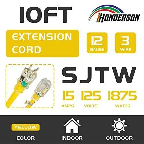 10FT 12/3 Lighted Outdoor Extension Cord - 12 Gauge 3 Prong SJTW Heavy Duty White Extension Cable with 3 Prong Grounded Plug for Safety,UL Listed