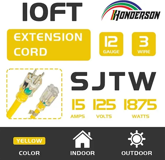 10ft 12/3 Lighted Outdoor Extension Cord - 12 Gauge Sjtw Heavy Duty