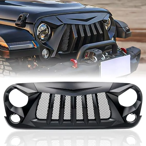 Xprite Front Matte Black Transformer Grille Grid Grill W/Mesh Compatible with 2007-2018 Jeep Wrangler Rubicon Sahara Sport JK