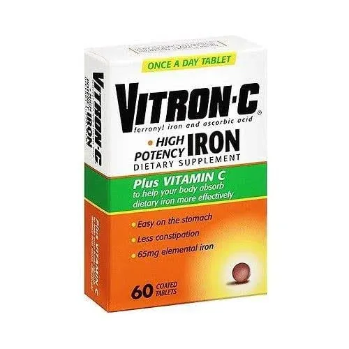 2 Pack Vitron C Once A Day High Potency Iron and Vitamin C Tablets 60 Count Each