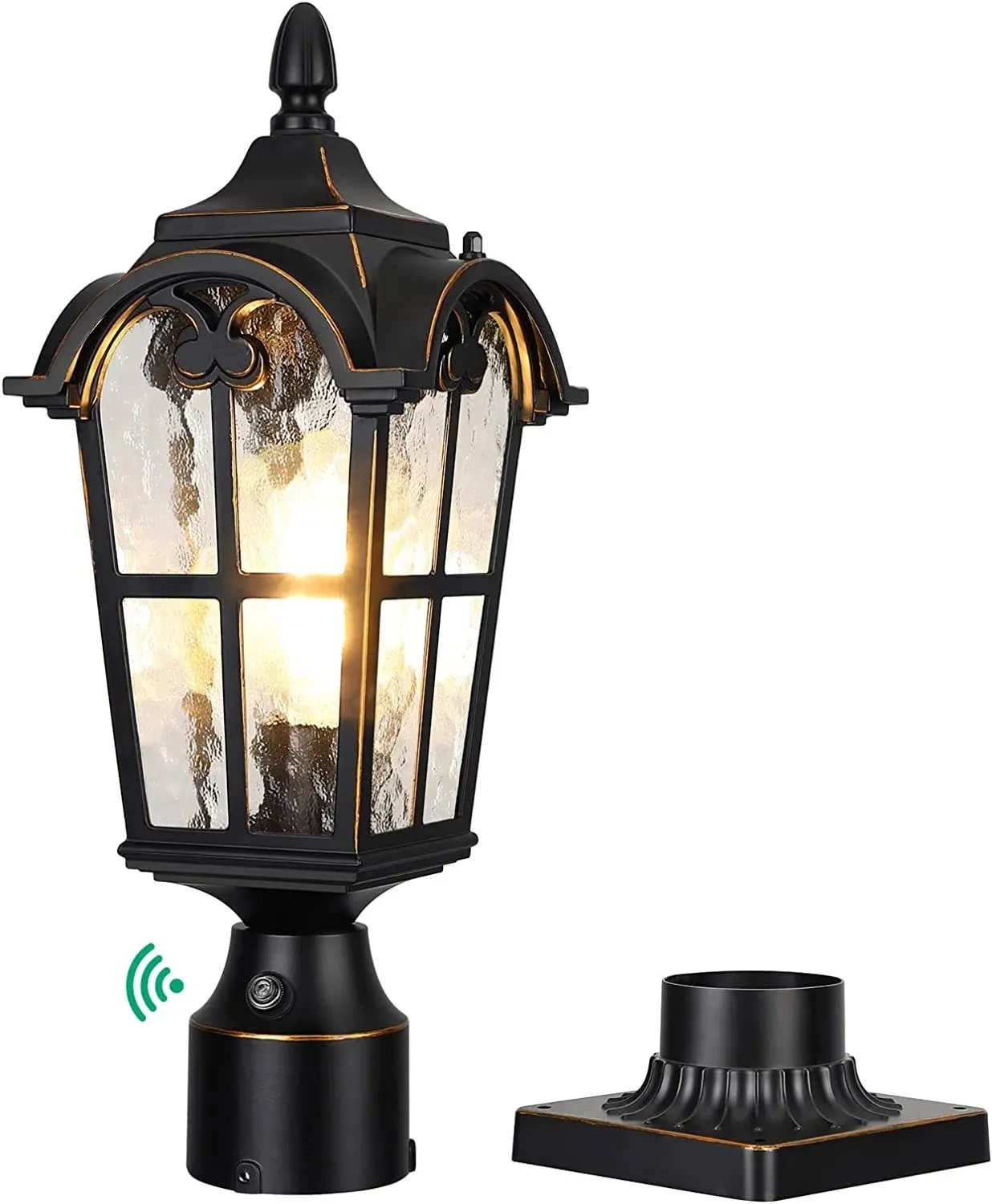 Edishine Dusk to Dawn Outdoor Post Light with Pier Mount Base, Black Roman Waterproof Pole Lantern Light Fixture, Water Ripple Glass EXT