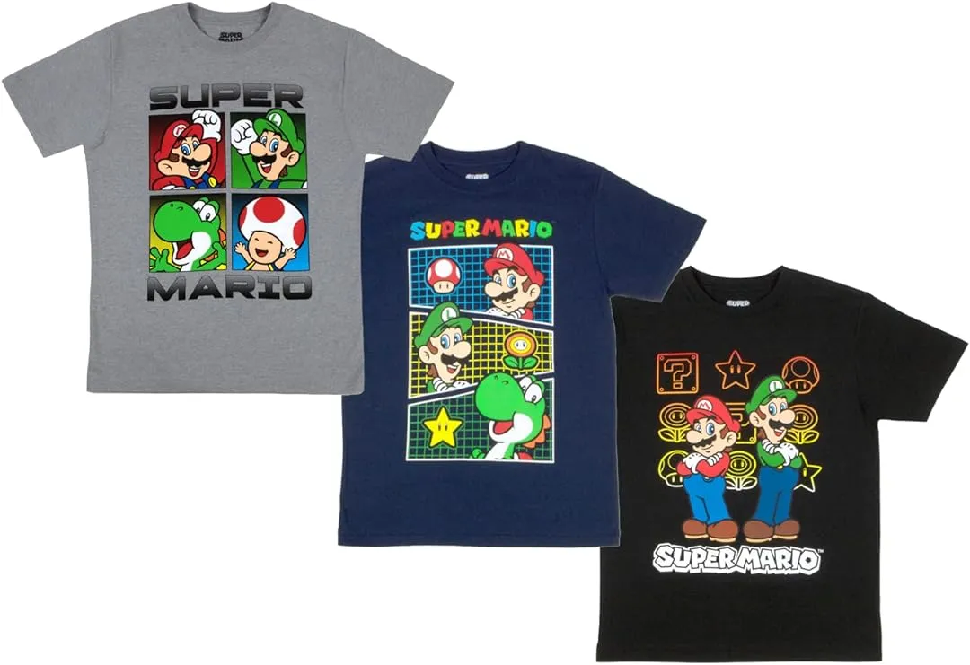 Nintendo Super Mario Boys T-Shirts 3-Pack, Super Mario Bros Characters 3-Pack of Tees for Boys Bundle Set (Navy/Grey/Black, Size 4)