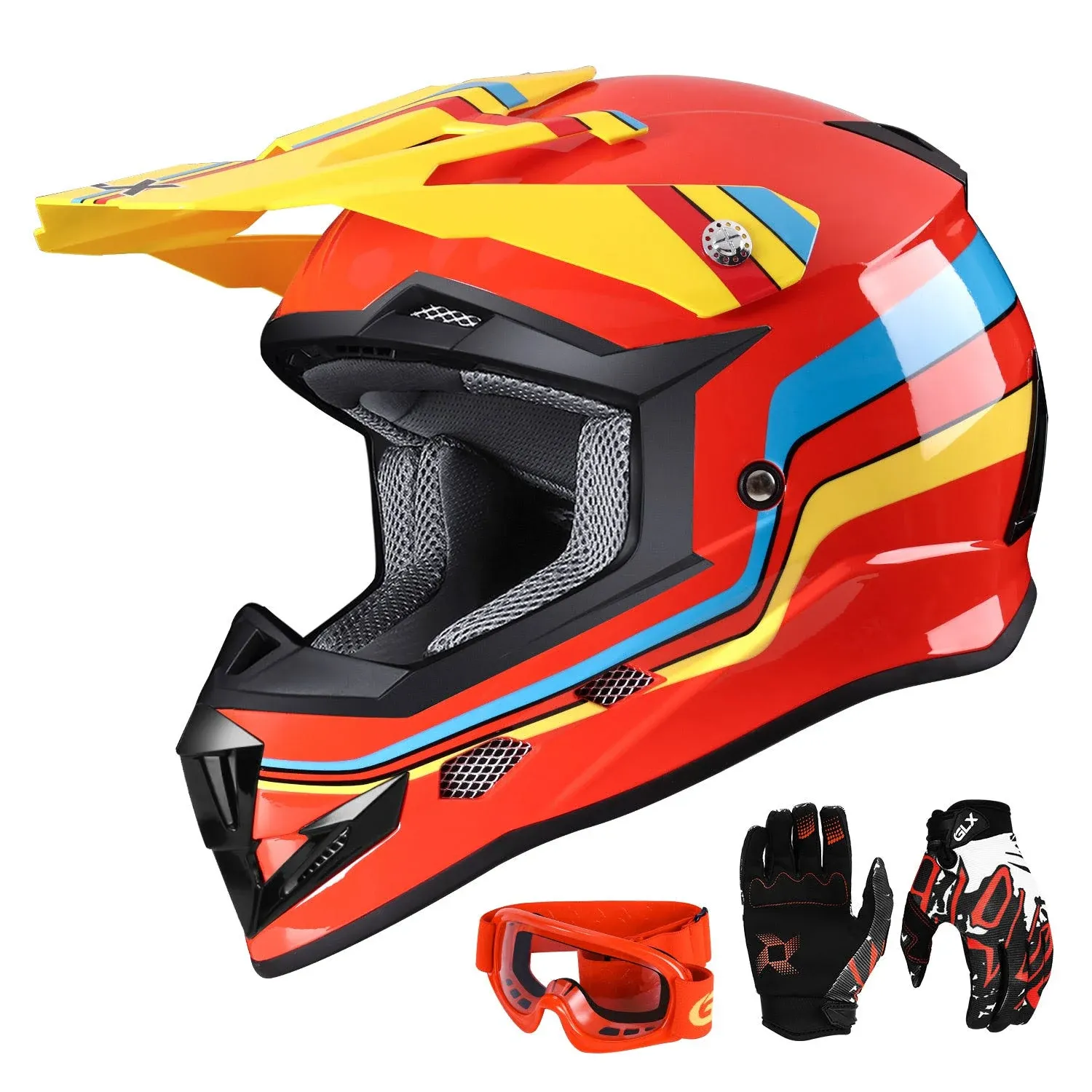 GLX GX623 DOT Kids Youth ATV Off-Road Dirt Bike Motocross Motorcycle Full Face Helmet Combo Gloves Goggles for Boys & Girls (Modern, Small)