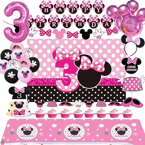 Minnie 3rd Birthday Party Supplies Minnie 3 Year Old Girls Birthday Party Decorations Minnie 3rd Birthday Cake Cupcake Toppers Number 3 Foil Balloon Banner Minnie Birthday Decorations