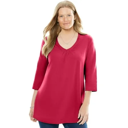 Woman Within Women's Plus Size Perfect Three-Quarter Sleeve Shirred V-Neck Tee ...