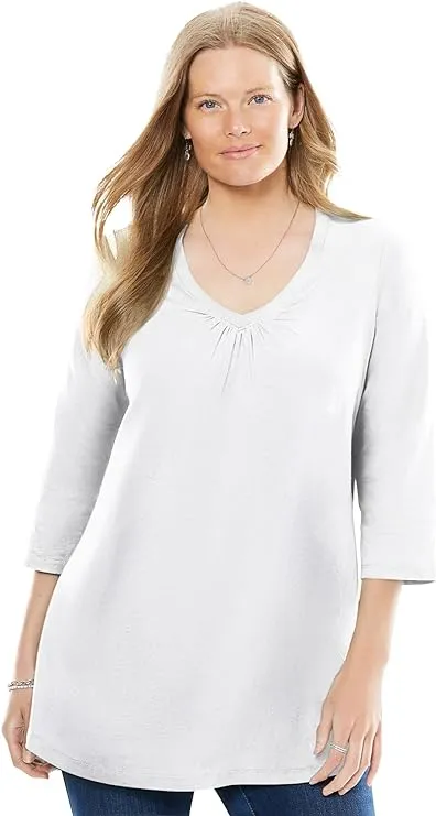 Woman Within Women s Plus Size Perfect Three-Quarter Sleeve Shirred V-Neck Tee Shirt