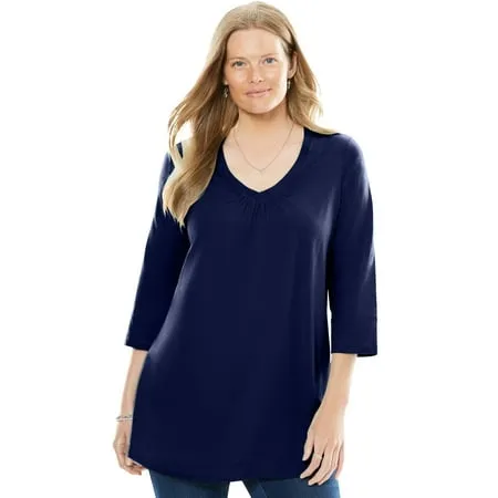 Woman Within Women s Plus Size Perfect Three-Quarter Sleeve Shirred V-Neck Tee Shirt