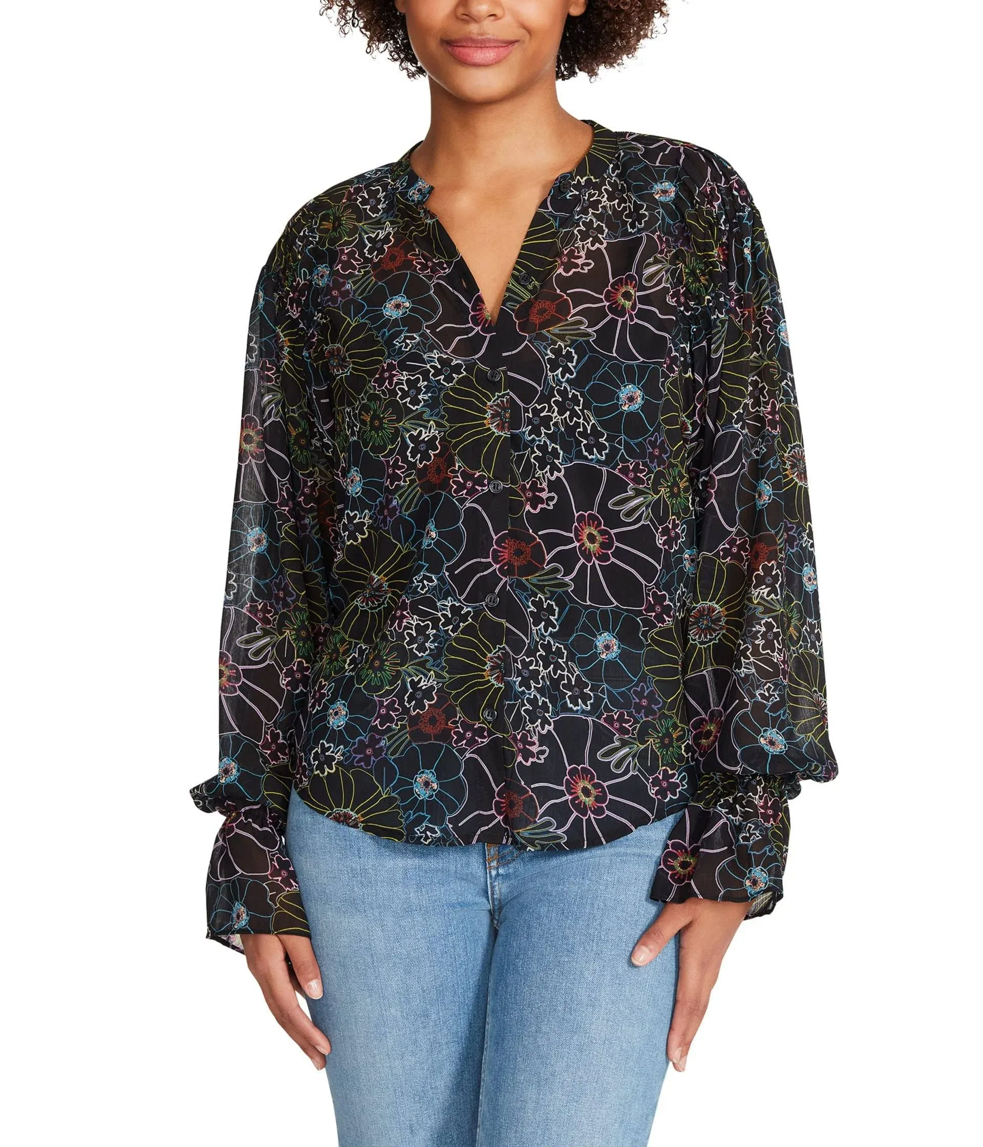 Camella Womens Floral Print Gathered Button-Down Top