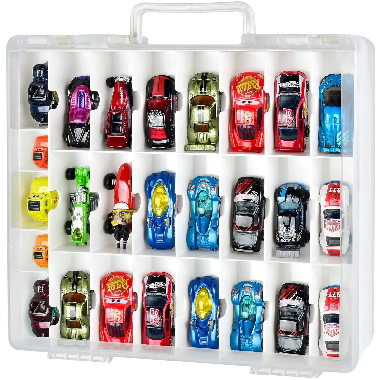 FULLCASE Toys Organizer Storage Compatible with Hot Wheels Car, Container for Matchbox Cars, Mini Toys, Small Dolls, Double Sided Carrying Box for Hotwheels Car- 48 Compartments(Box Only) White