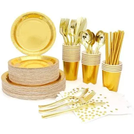 200PCS Gold Party Supplies, Severs 25 Disposable Party Dinnerware Gold Plastic Forks Knives Spoons and Golden Dot Paper Plates Black Napkins Cups for Engagement, Graduation, Birthday, Wedding