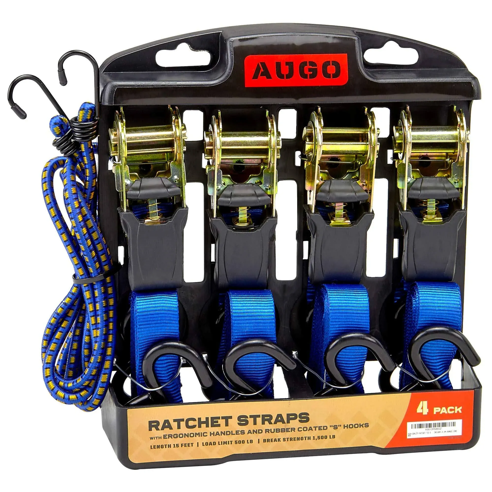 AUGO Ratchet Straps Heavy Duty 4 Pack -15 FT 2200 LB Break Strength Ratchet Tie Down Straps with Safety Lock S Hooks