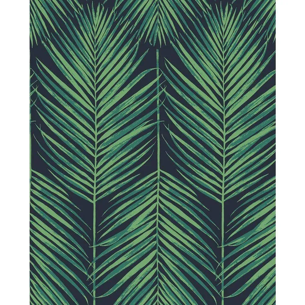 Tropic Palm Midnight Blue & Sea Green Peel-and-Stick Wallpaper - NextWall