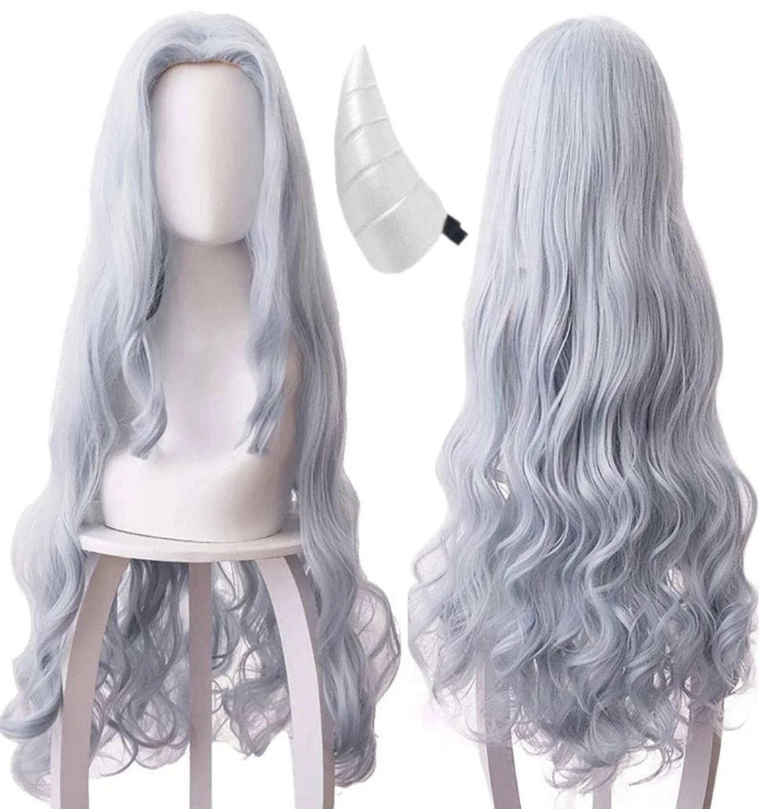 ANOGOL Hair Cap Gray Blue Wigs Long Wavy Cosplay 32”