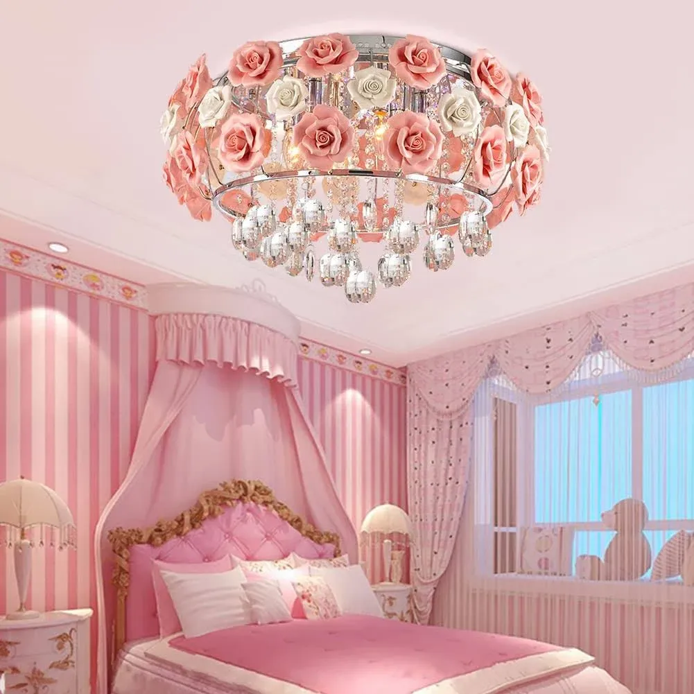 LUOLAX Romantic Ceramic Rose Flower Chandelier Modern Crystal Pendant Lamp Flush ...