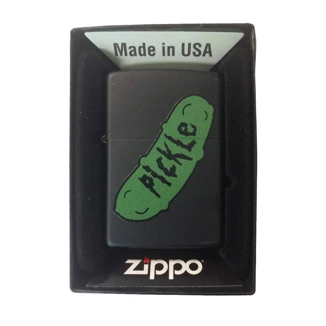 Zippo Custom Lighter - Black Matte Green Pickle Cartoon Parody