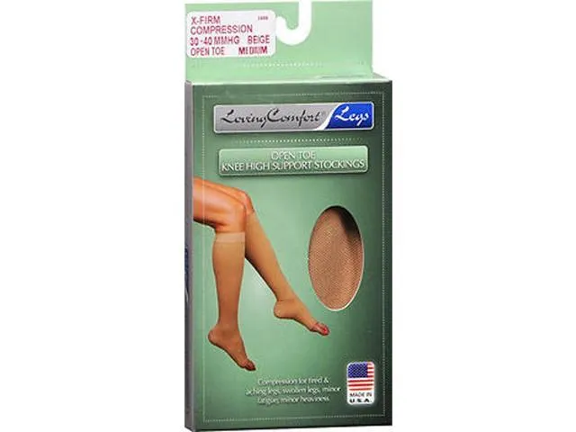 Loving Comfort Support Knee High Stockings X-Firm Compression Open Toe Beige Large - 1 pair