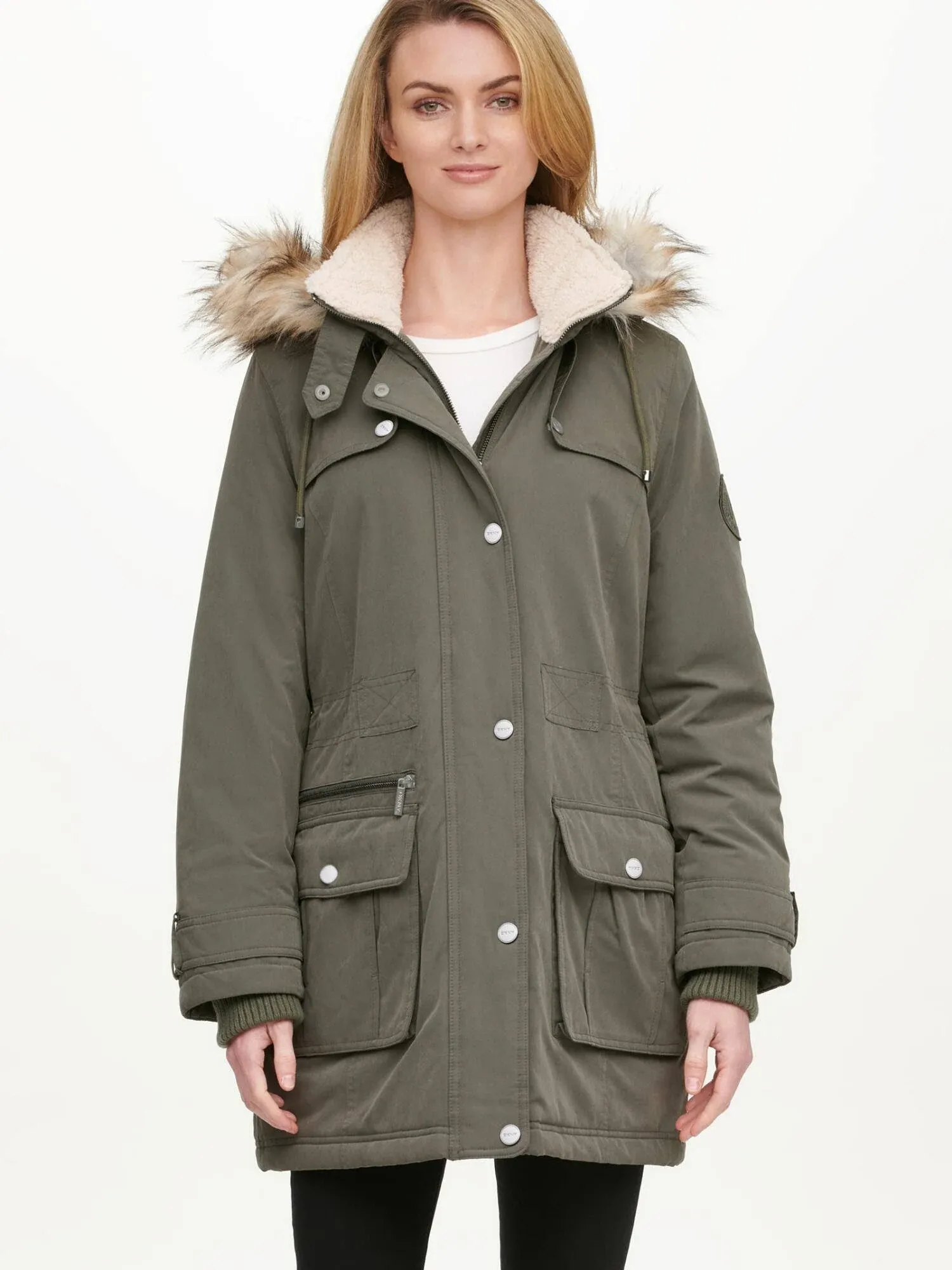 "DKNY Women's Faux-Fur Hooded Water-Resistant Anorak Jacket Olive Green XSmall"