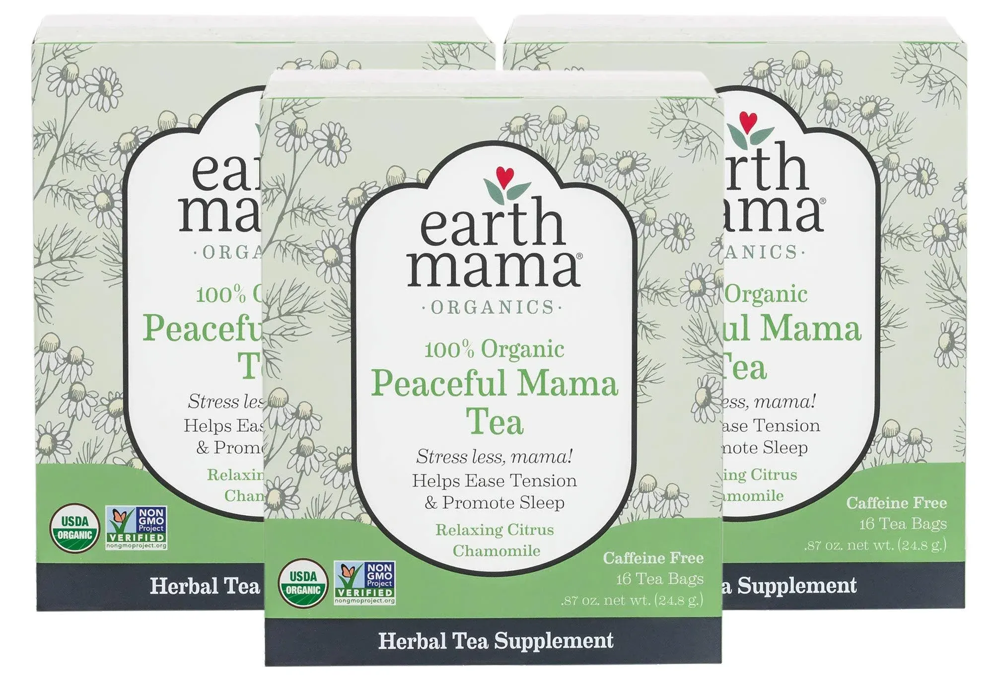 Earth Mama Organic Peaceful™ Tea | Stress Less! Calming, Relaxing Herbal Blend Safe for Pregnancy & Beyond, 16 Teabags Per Box (3-Pack)