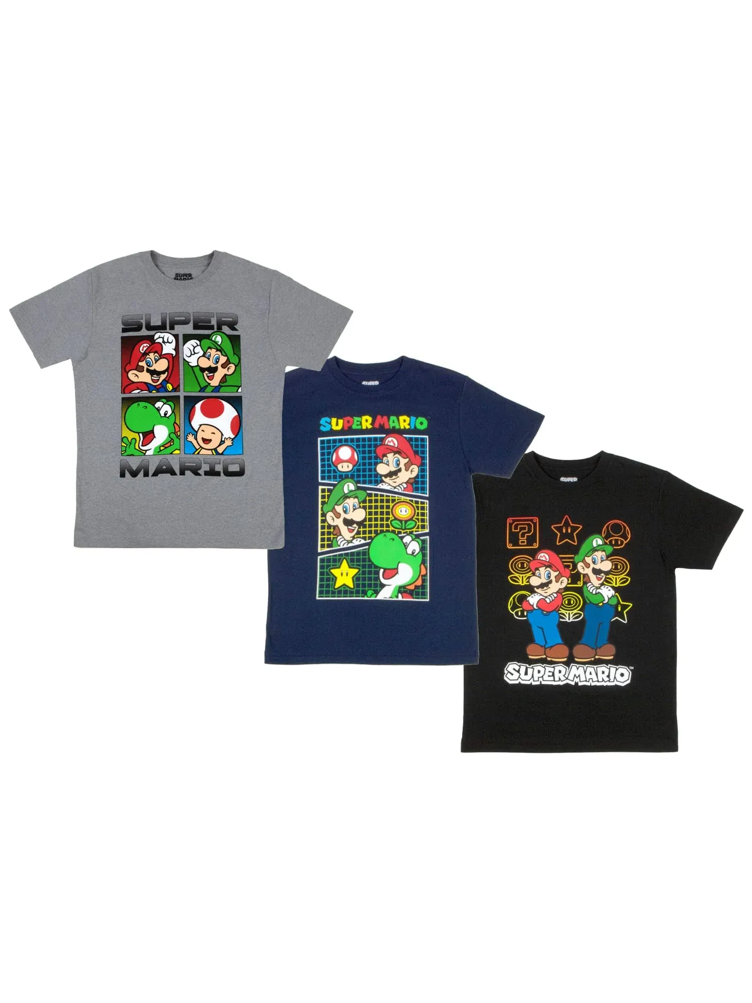 Nintendo Super Mario Boys T-Shirts 3-Pack, Super Mario Bros Characters 3-Pack of Tees for Boys Bundle Set