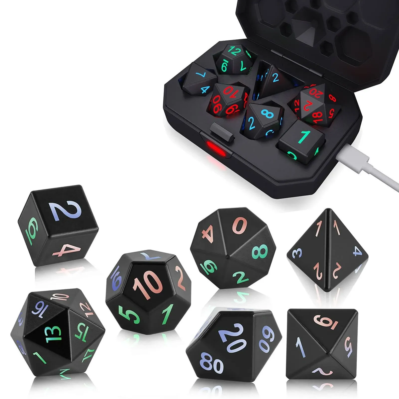 Seerootoys Light Up DND Dice for Dungeon and Dragons, 7 Pcs Glowing Polyhedral Dice Set with Charging Box, Rechargeable Electronic Dice, Luminous RPG