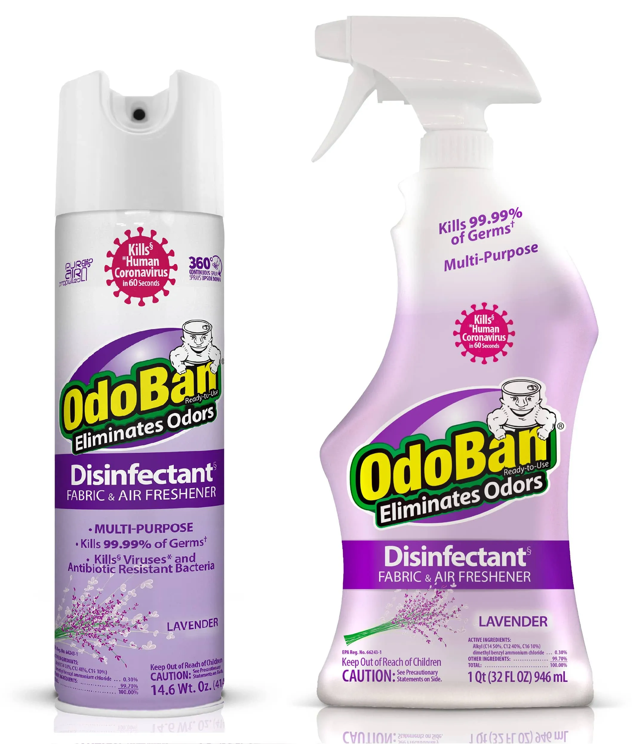 OdoBan Ready-to-Use Disinfectant and Harsh Aroma Eliminator, Cleaner and Fabric/Air Freshener, Set of 2, 14.6 Ounce 360-Degree Continuous Spray and 32 Ounce Trigger Spray, Lavender Scent