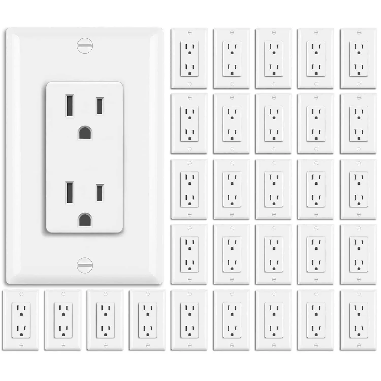 BESTTEN 30 Pack 15 Amp Decorator Receptacle Outlet, Decor Standard Electrical Wall Outlet, Residential and Commercial Use, 15A/125V/1875W, Wallplate Included, UL Listed, White