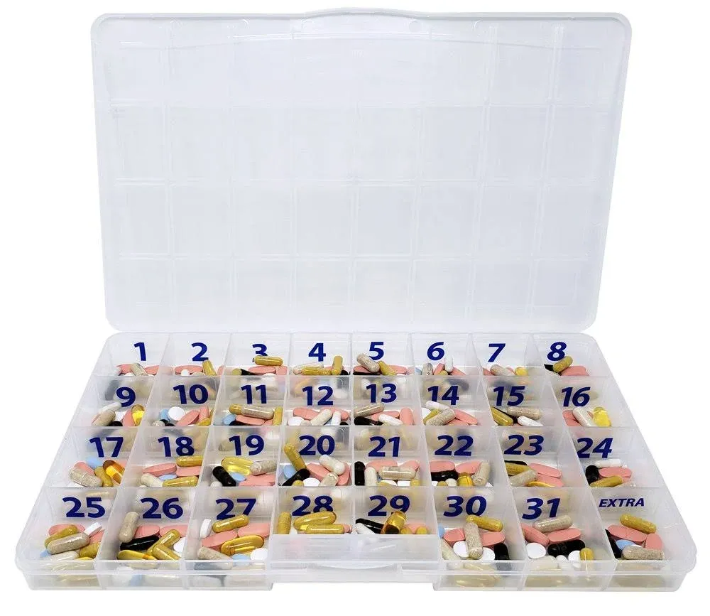 The Olympic Pill Organizer Case with Large Compartments & Stay Tight Lid - Extra Large Weekly 4 Times a Day Pill Organizer *Free Medication Log Included! (4X a Day)