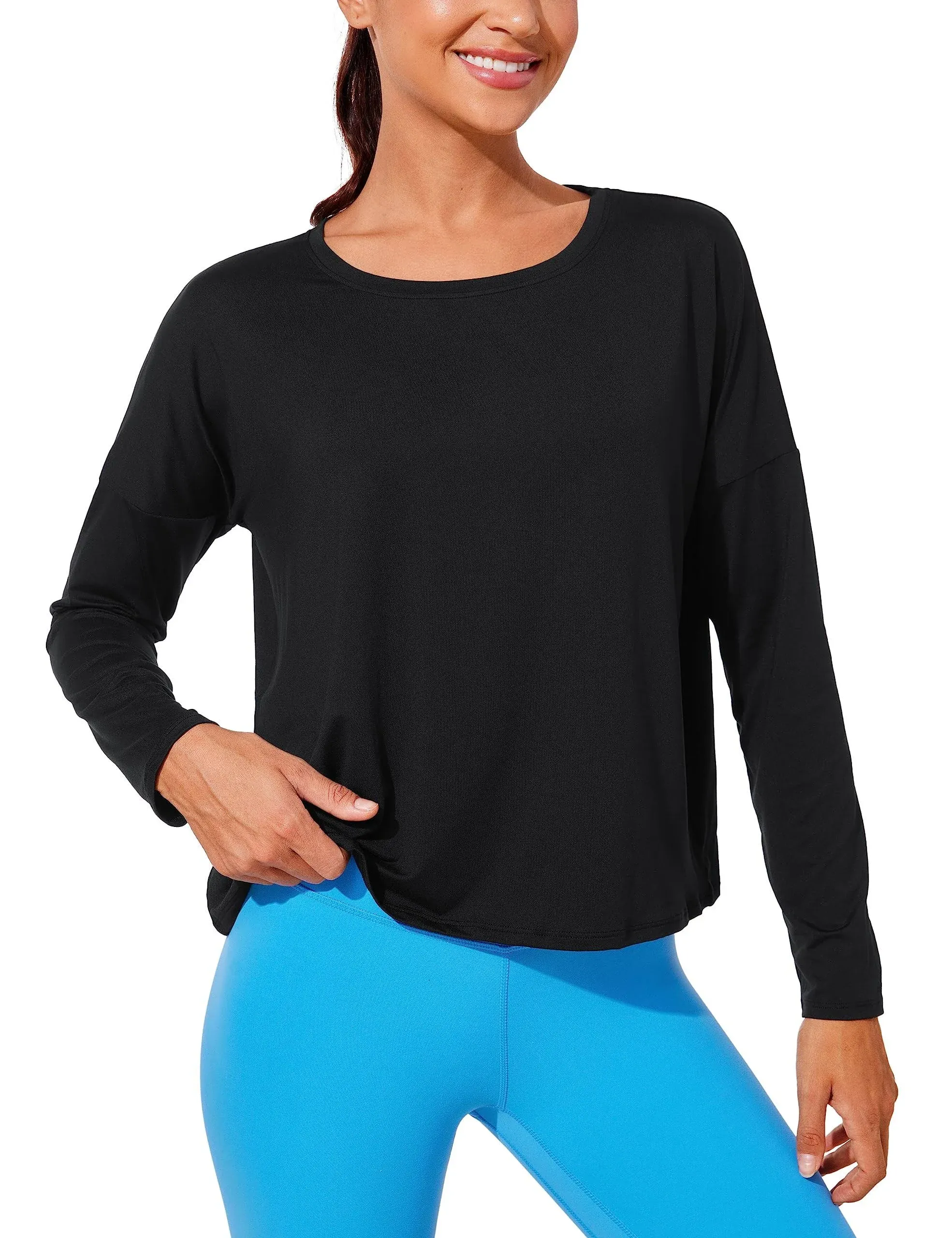 CRZ Yoga Women's Yoga Relaxed Fit Running Crop Long Sleeve Shirts Platinum ...