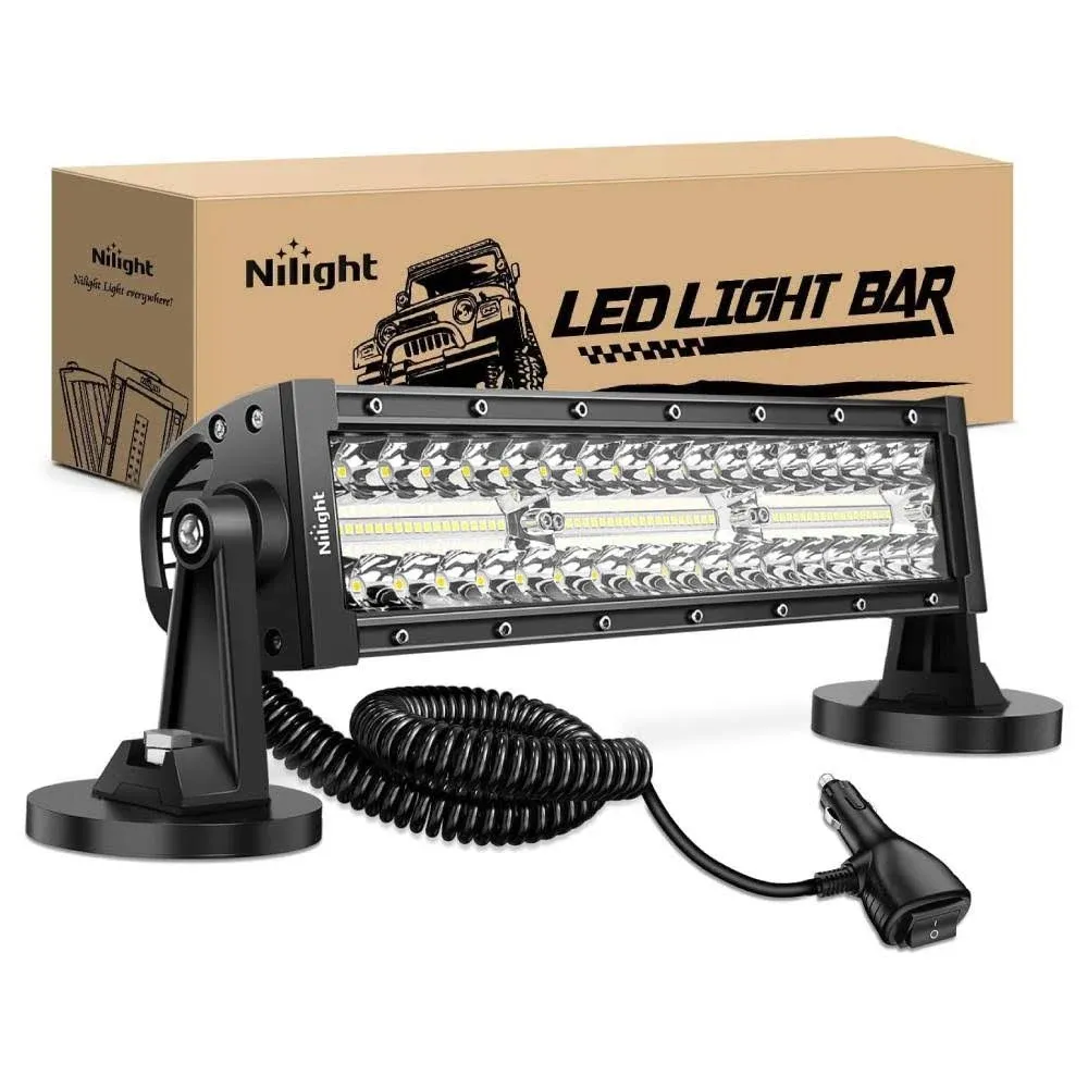 Nilight LED Light Bar 13.5inch Triple Row Cigarette Lighter Wiring Strong Magnetic Base Spot Flood Combo 96LEDs Fog Driving Work Roof Bumper Lights