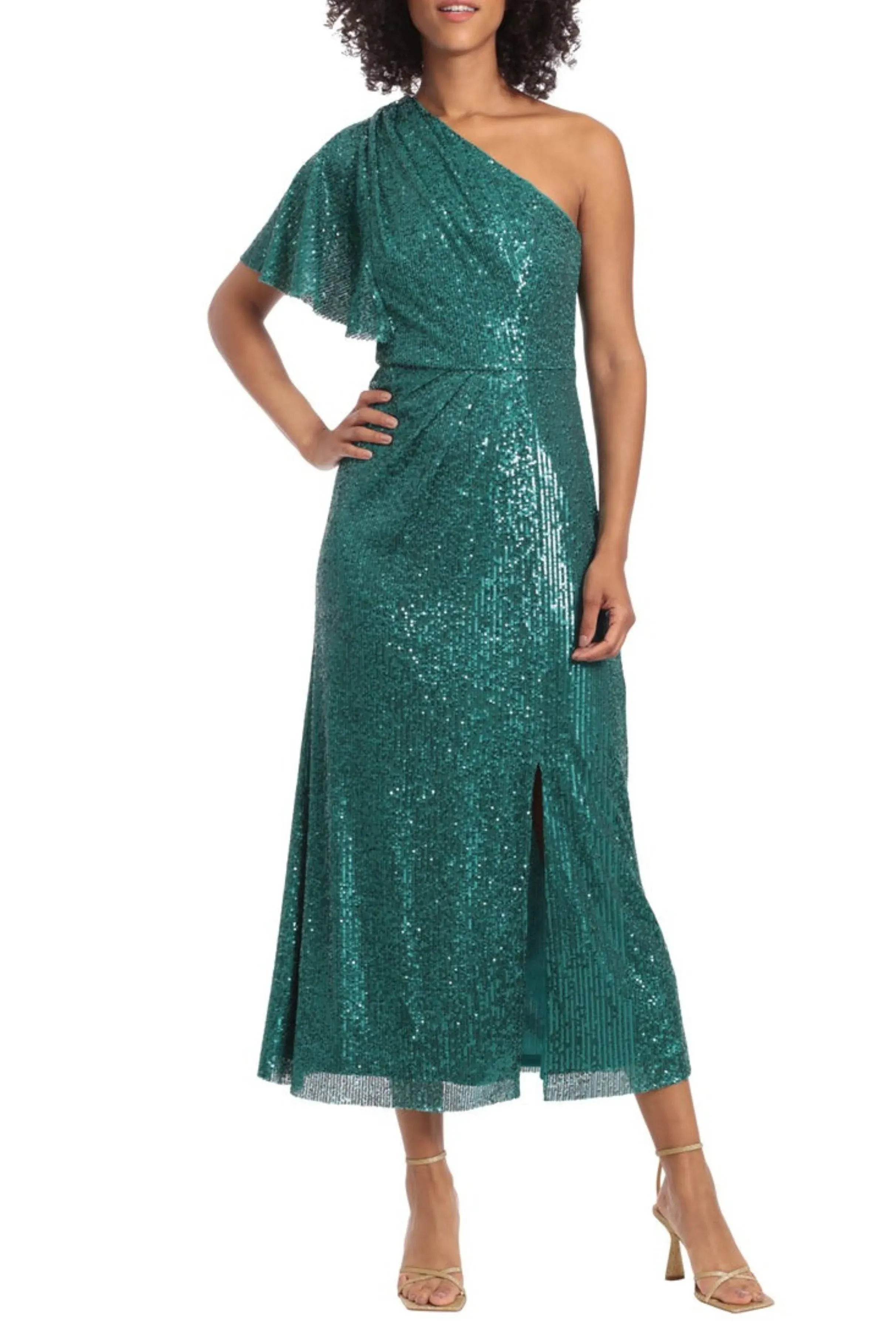 Maggy London Sequin One Shoulder Front Slit Party Dress - Teal / 6