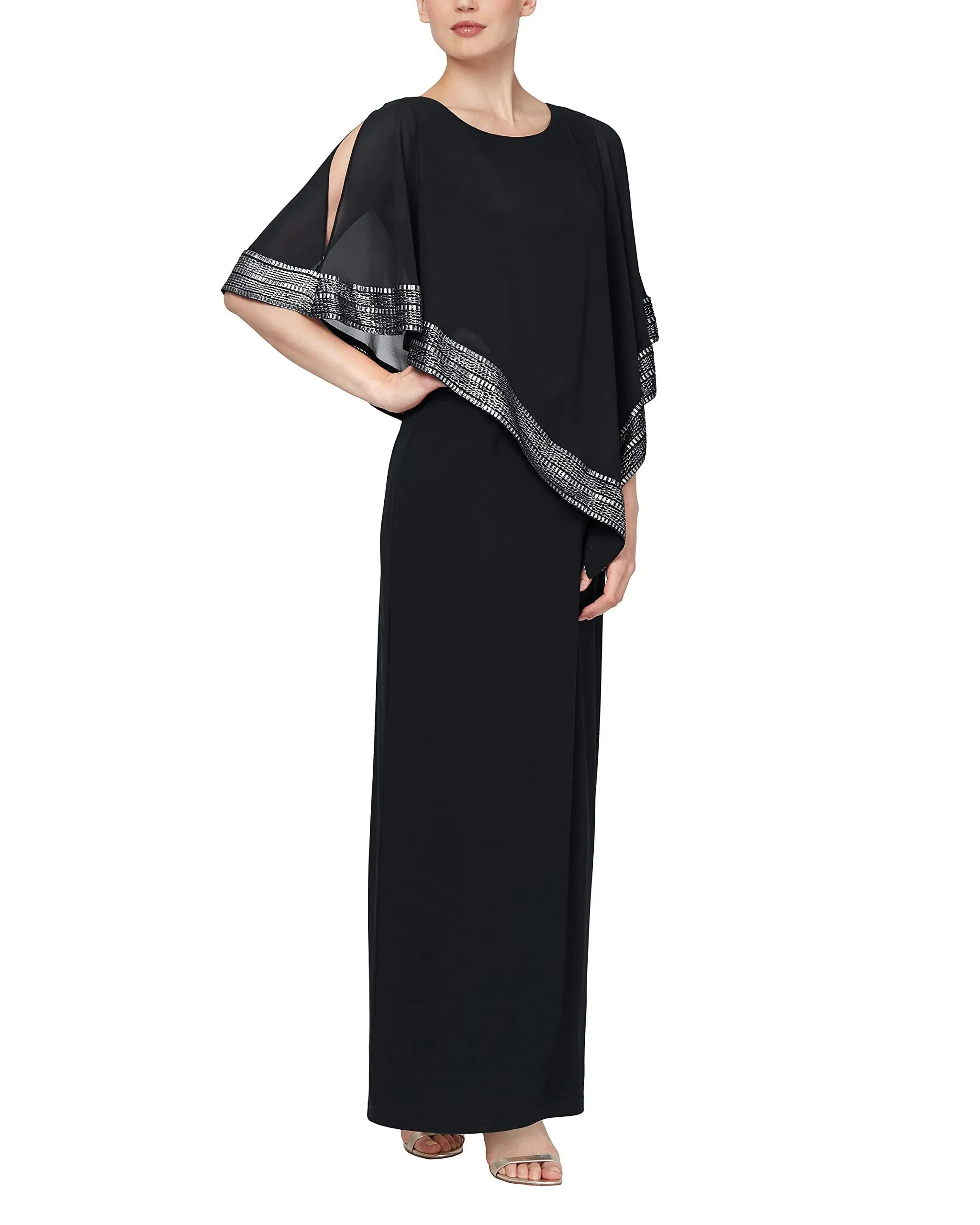 S.L. Fashions Women's Long Capelet Dress with Metallic Trim