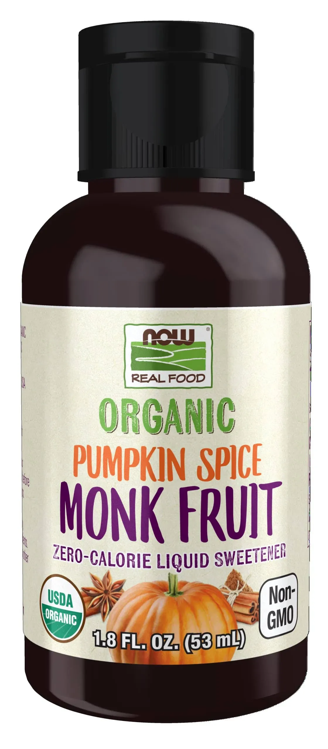 NOW Foods, Real Food, Organic Monk Fruit, Zero-Calorie Liquid Sweetener, Pumpkin Spice, 1.8 fl oz (53 ml)