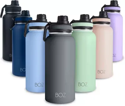 BOZ Stainless Steel Water Bottles 2 Pack Bundle - Blue Water Bottle + Black Water Bottle - Vaccum Insulated Water Bottles 32 Oz - Wide Mouth BPA Free Sport Water Bottles for Gym with Spout Lid