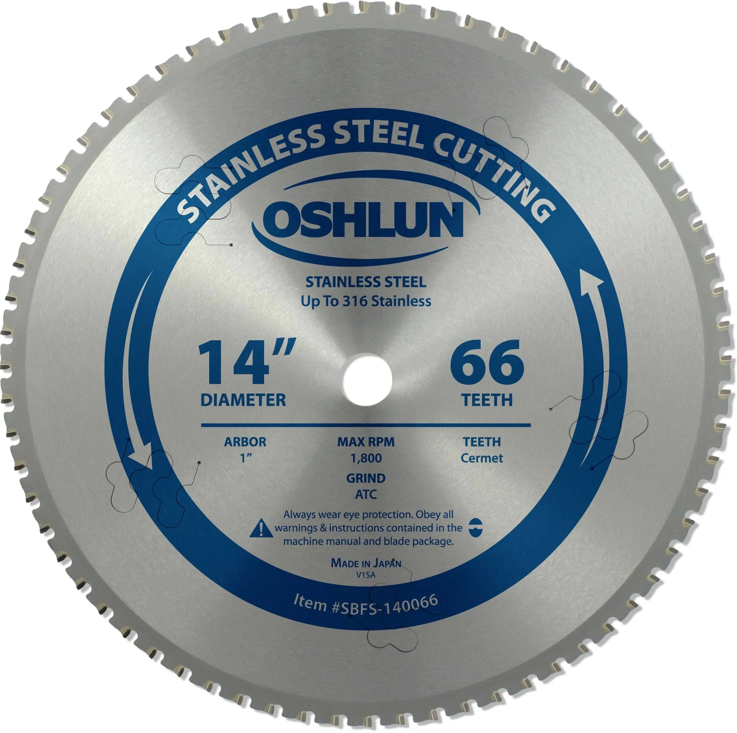 Ferrous & Stainless Steel Cutting Cermet Tipped Blade, 14" x 66T, 1" Arbor, Oshlun SBFS-140066