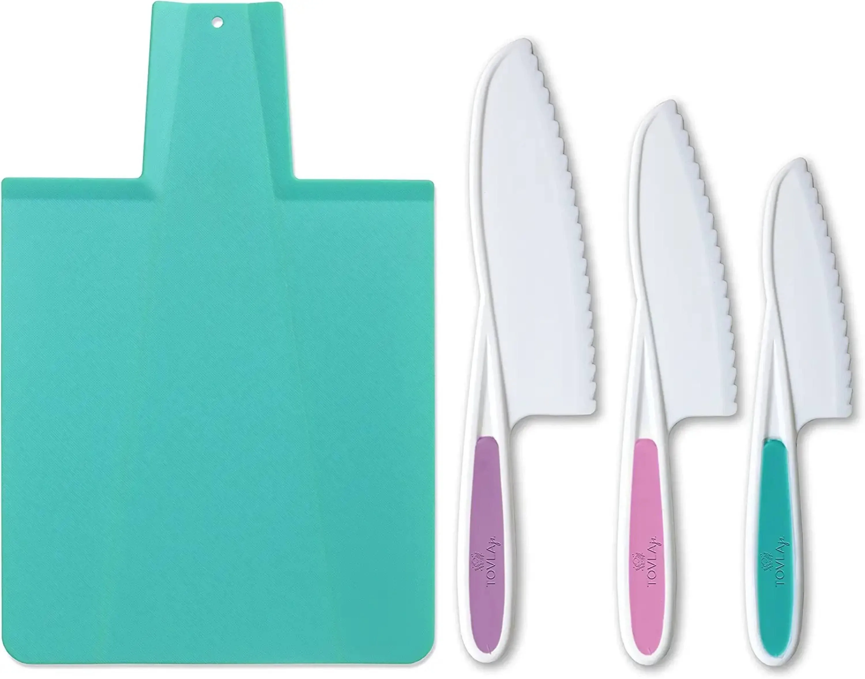 Tovla Jr. Kids Kitchen Knife and Foldable Cutting Board Set: Children's Cooking Knives in 3 Sizes & Colors/Firm Grip, Serrated Edges, BPA-Free Kids' Knives/Safe Lettuce and Salad Knives… (Blue)