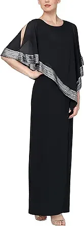 S.L. Fashions Women's Long Capelet Dress with Metallic Trim