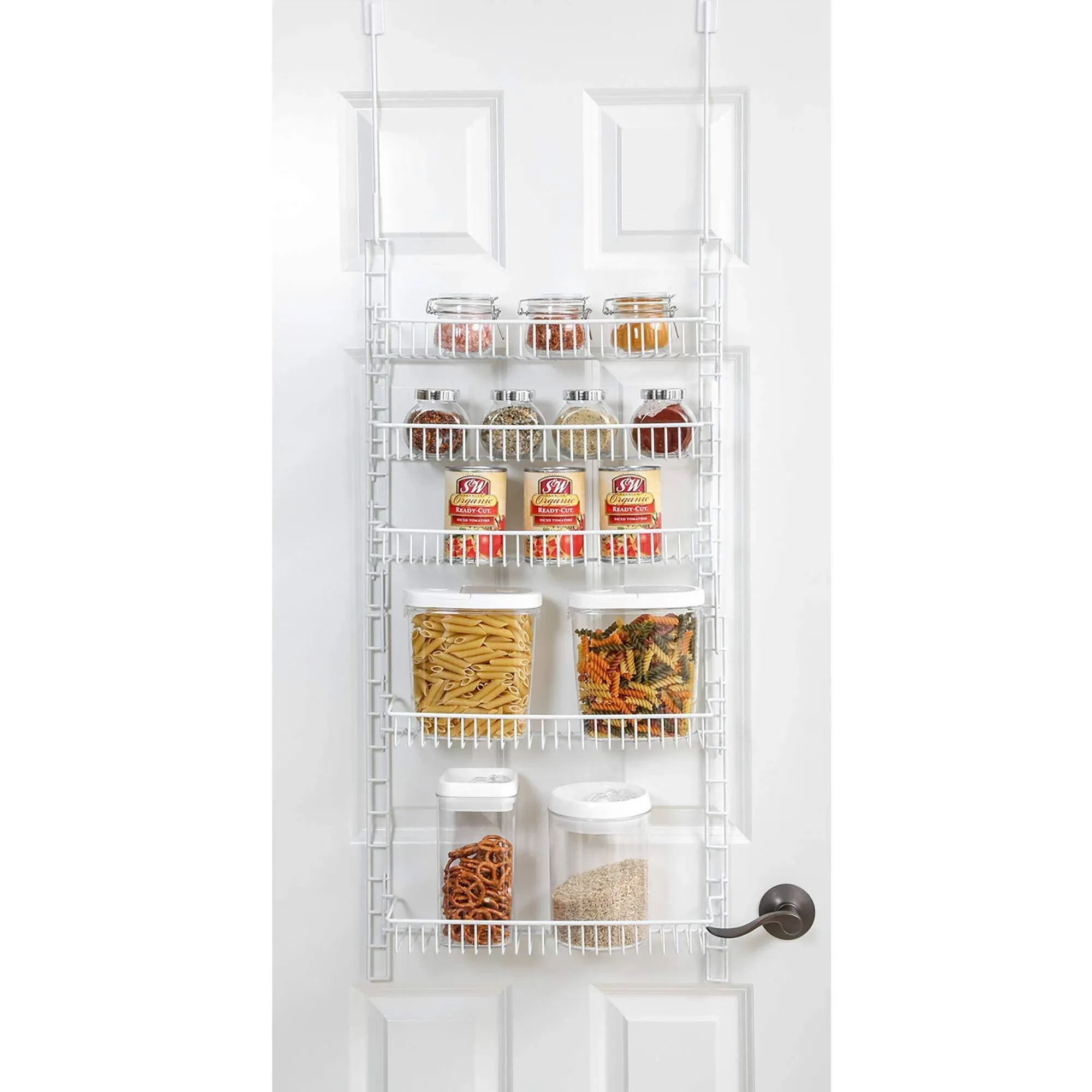 Smart Design Over The Door Adjustable Pantry Organizer Rack w/ 5 Adjustable Shelves - Steel Metal - Hanging - Wall Mount - Cans, Spice, Storage, Closet - Kitchen [White]