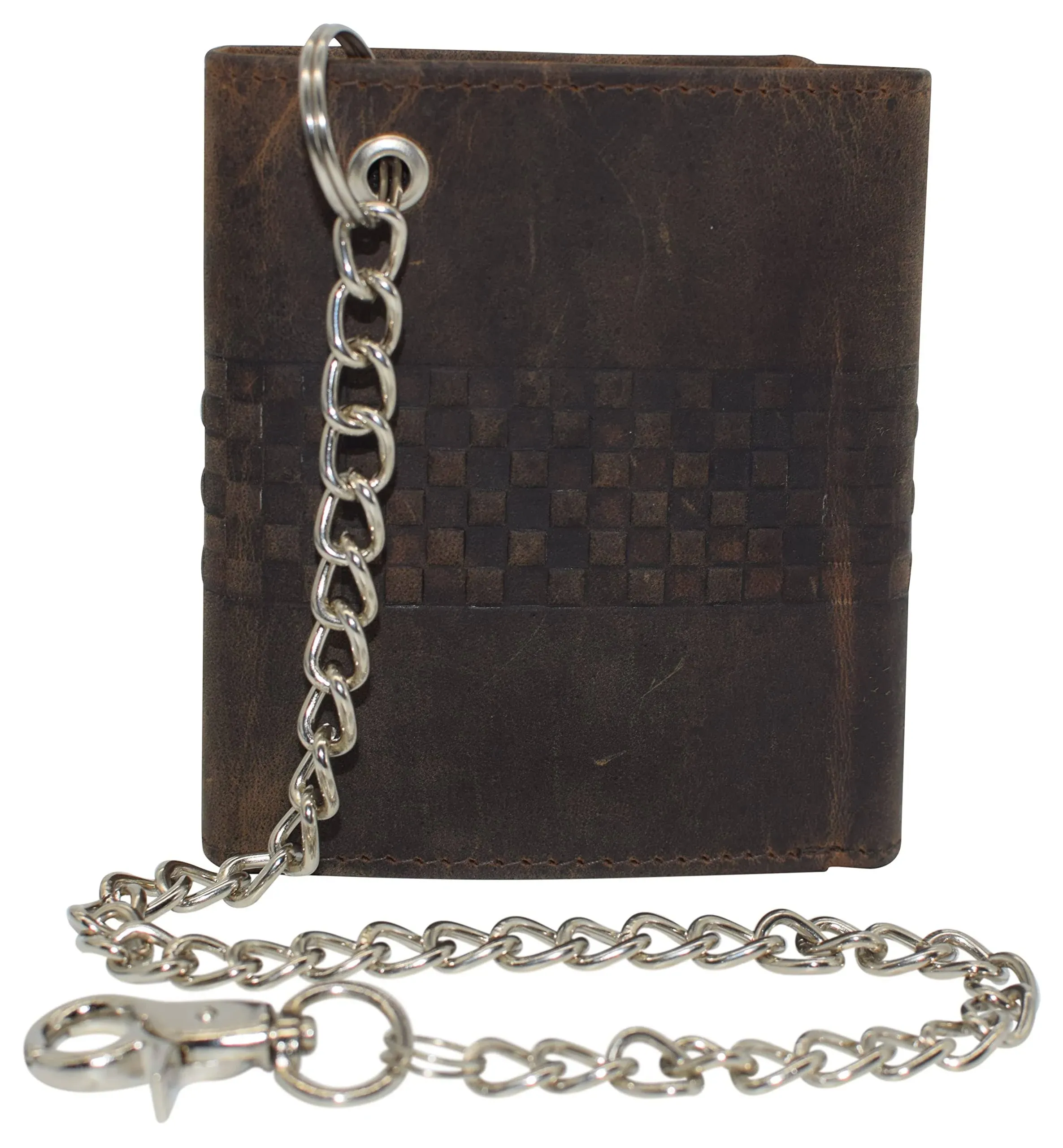 Men's RFID Blocking Premium Leather Chain Trifold Wallet (Black with 15 inch Brass Chain)