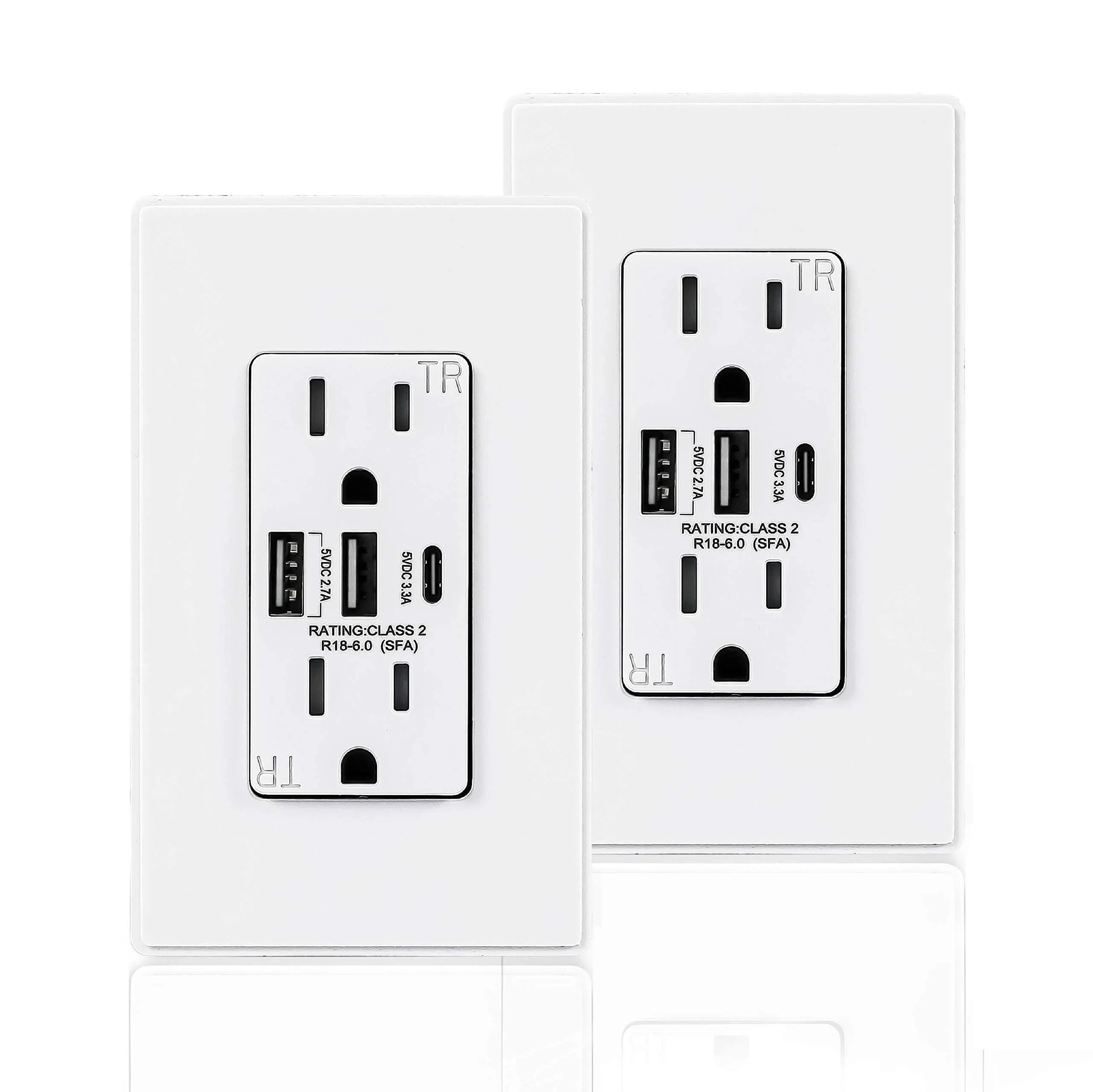 Coby USB Wall Outlet Dual High Speed 6.0 Amp USB Ports with Smart Chip, USB Type C Port, 15A Duplex Tamper Resistant Receptacle Electrical Outlet, Pack of 2