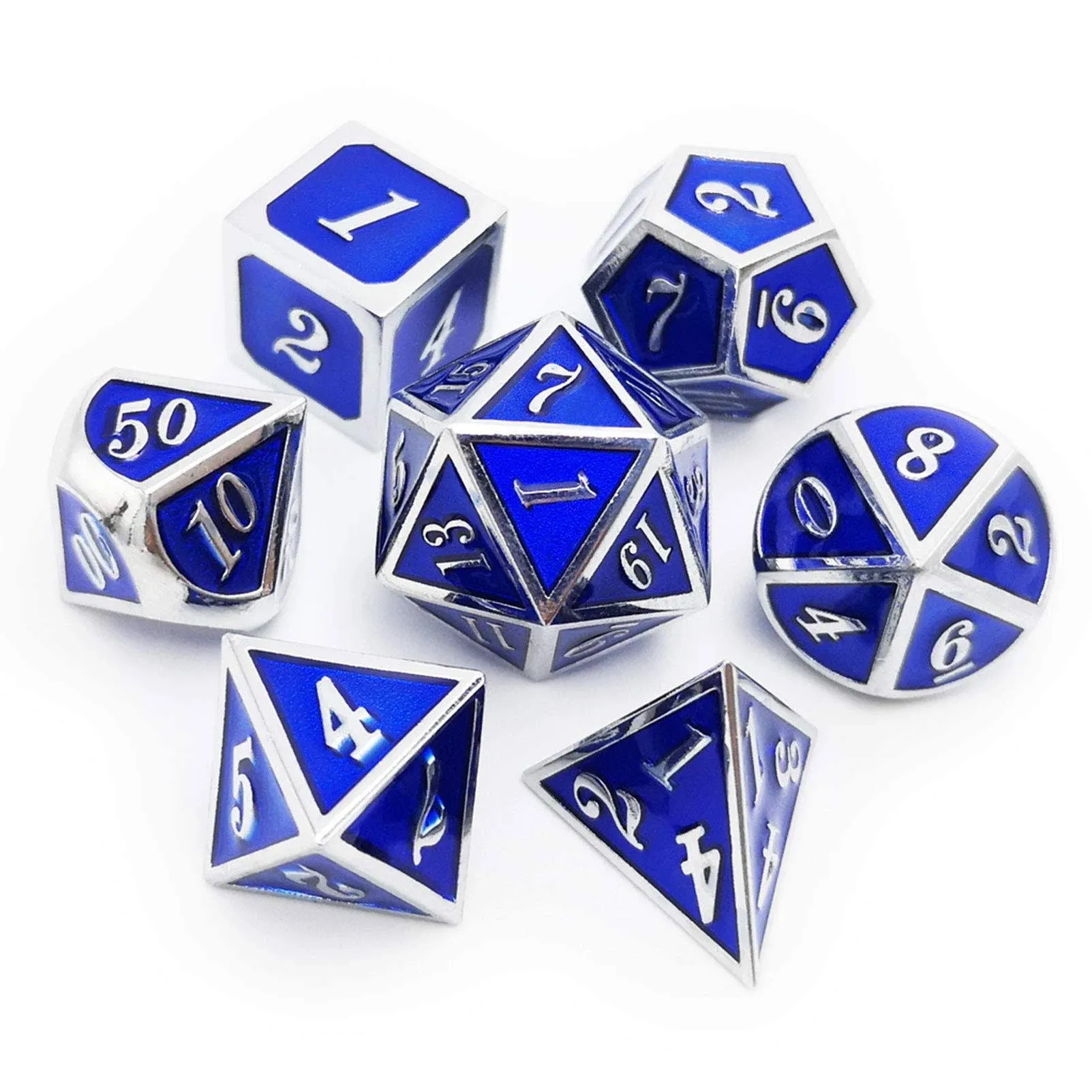 Metal Dice Set D&amp;D Silver Navy Blue Metal Polyhedral DND Dice for Dungeons and D