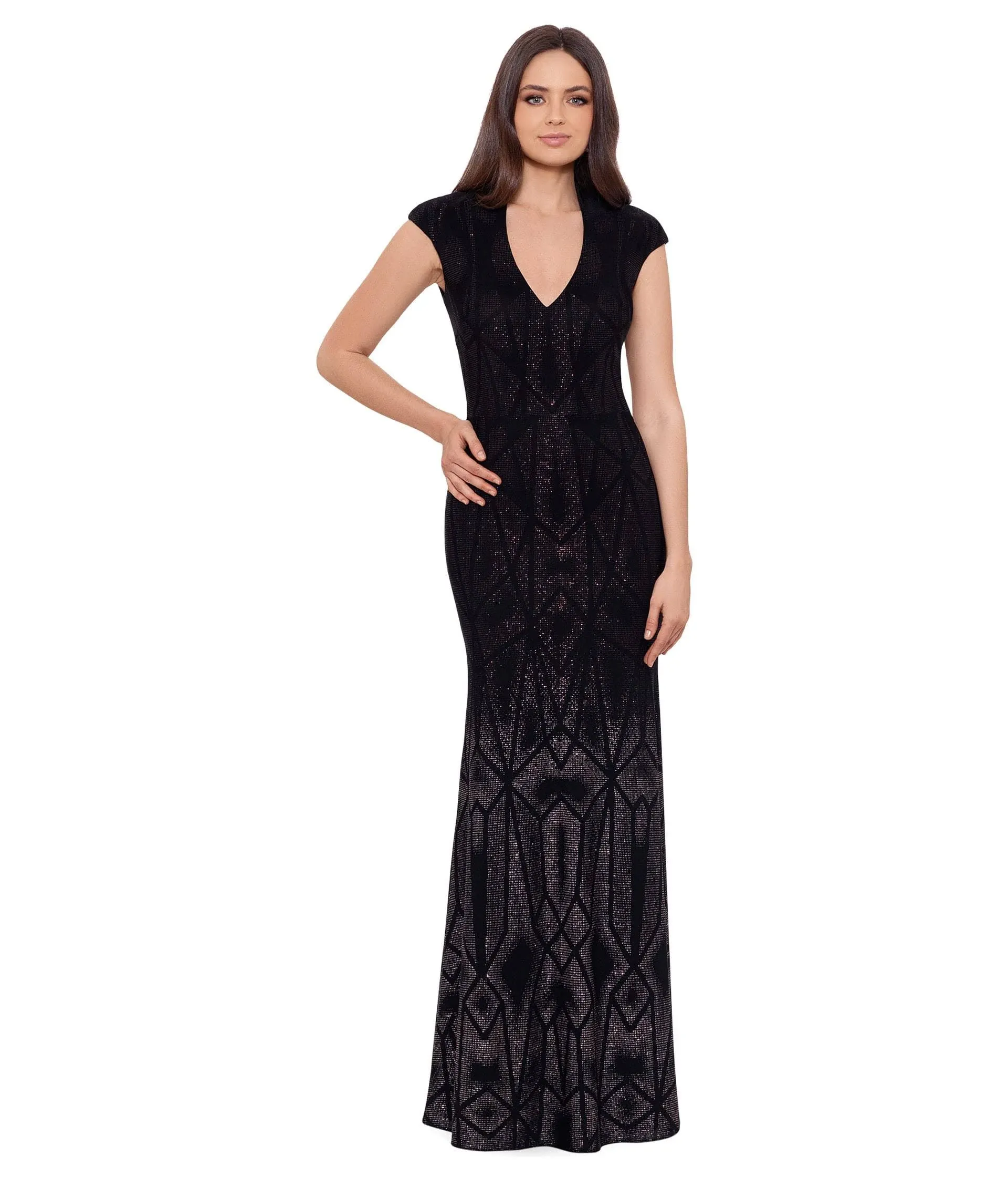 Betsy & Adam womens Long Cap Sleeve Glitter Ombre Gown