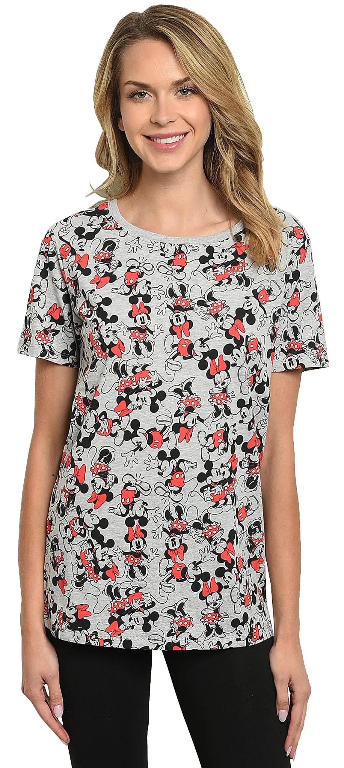 New Women&#x27;s Mickey &amp; Minnie Mouse T-Shirt All Over Print Short Sleeve Gray