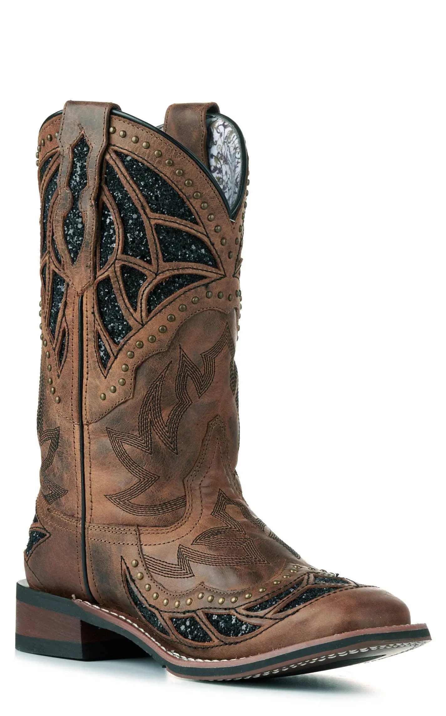 Laredo Womens Eternity Glitter Tooled-Inlay Square Toe Casual Boots Mid Calf Low Heel 1-2" - Brown