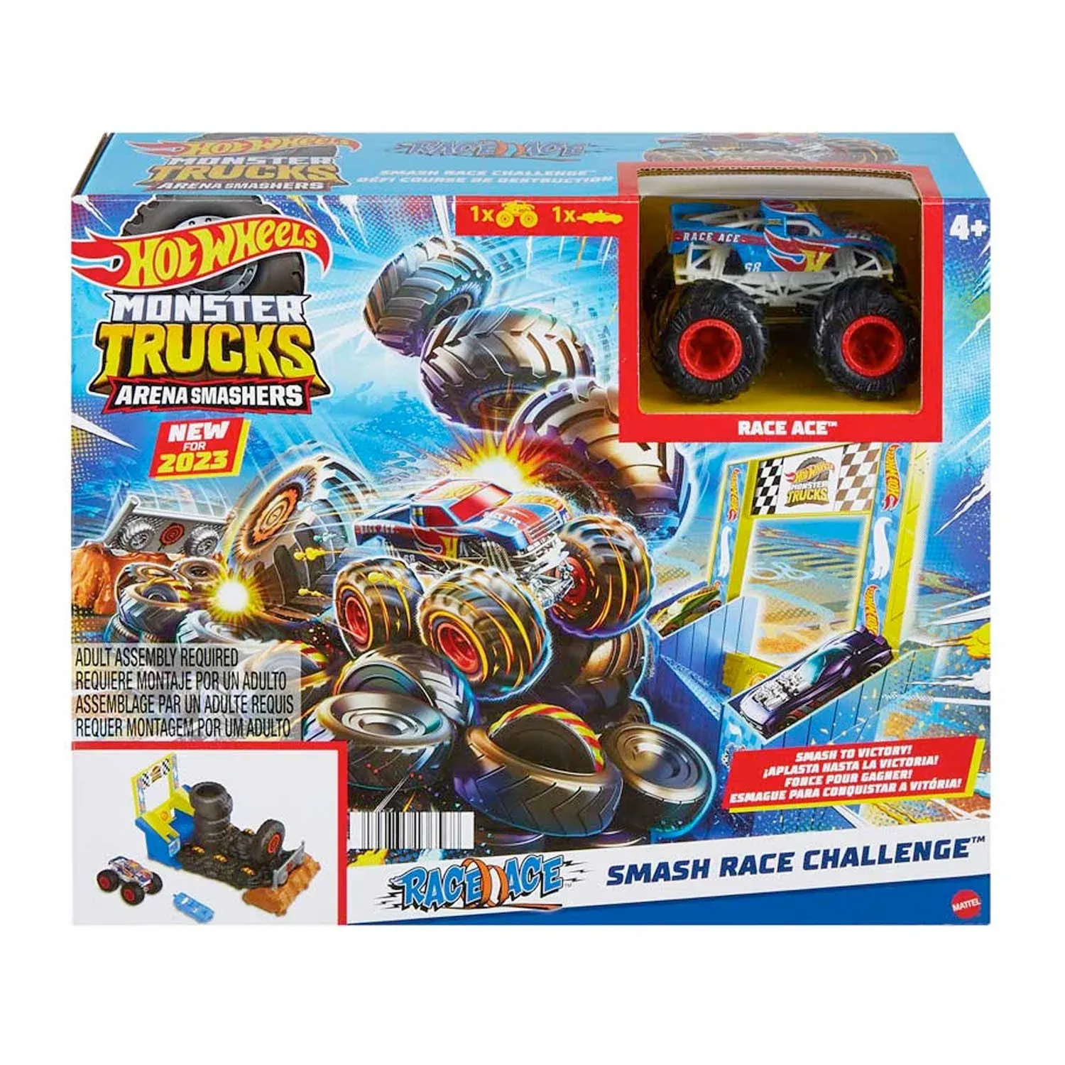 Hot Wheels Monster Trucks Arena Smashers Race Ace Smash Race Challenge Playset with 1:64 Scale Race Ace Toy Truck and 1 Crushable Car