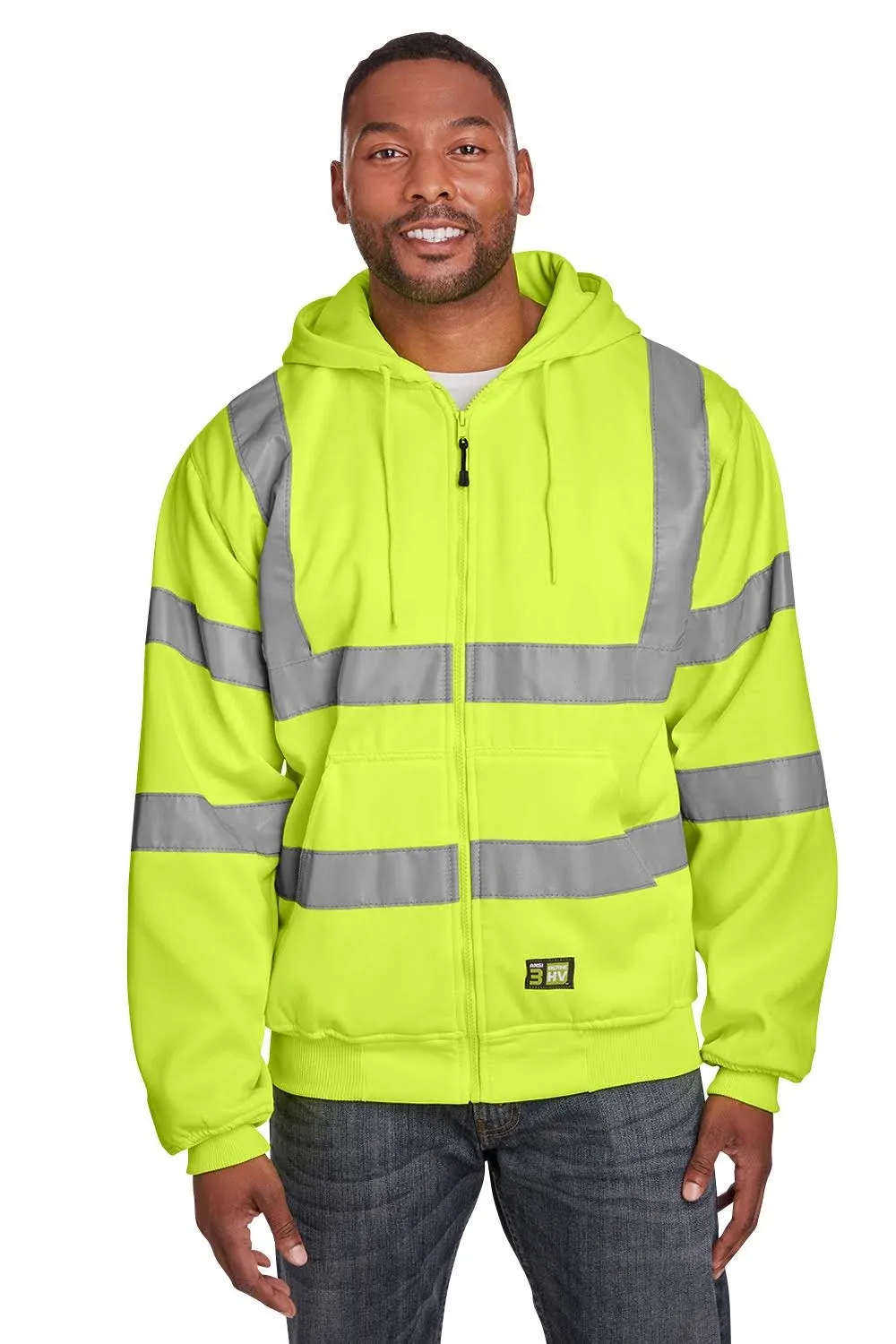 "Berne Men's Hi Vis Yellow Hi-Vis Class 3 Lined Full-Zip Hooded Sweatshirt"