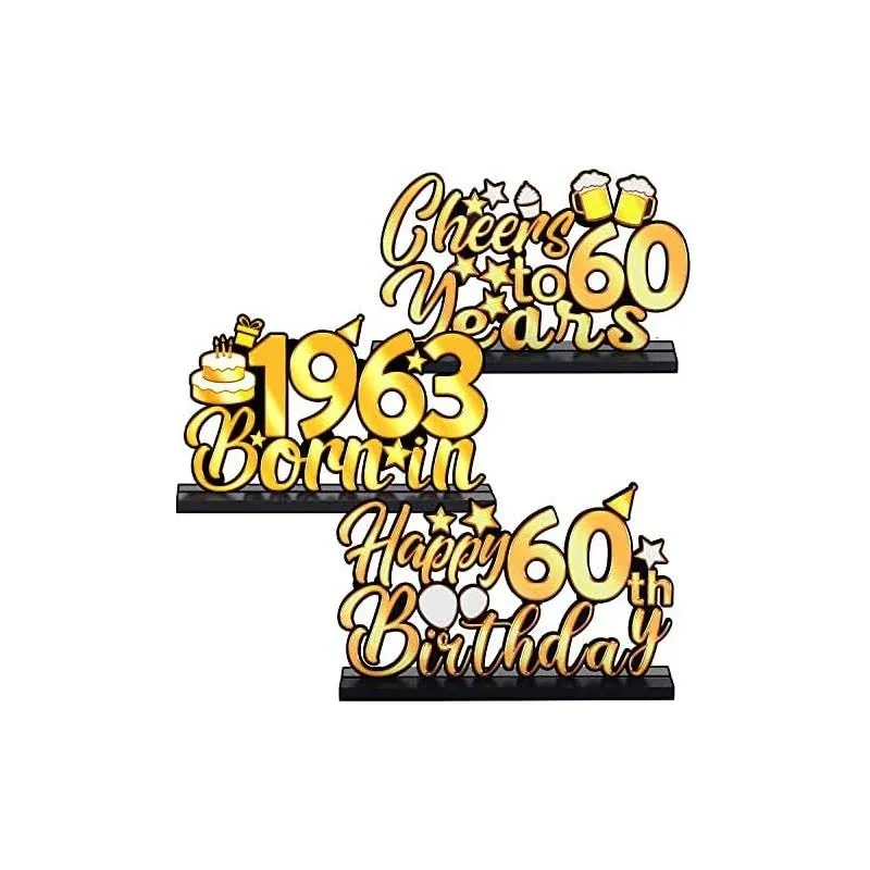 3 Pieces Happy 60th Birthday Party Table Decorations, Born in 1962,Cheer to 60 Years Table Centerpiece Sign Wooden Birthday Presents Congrats for