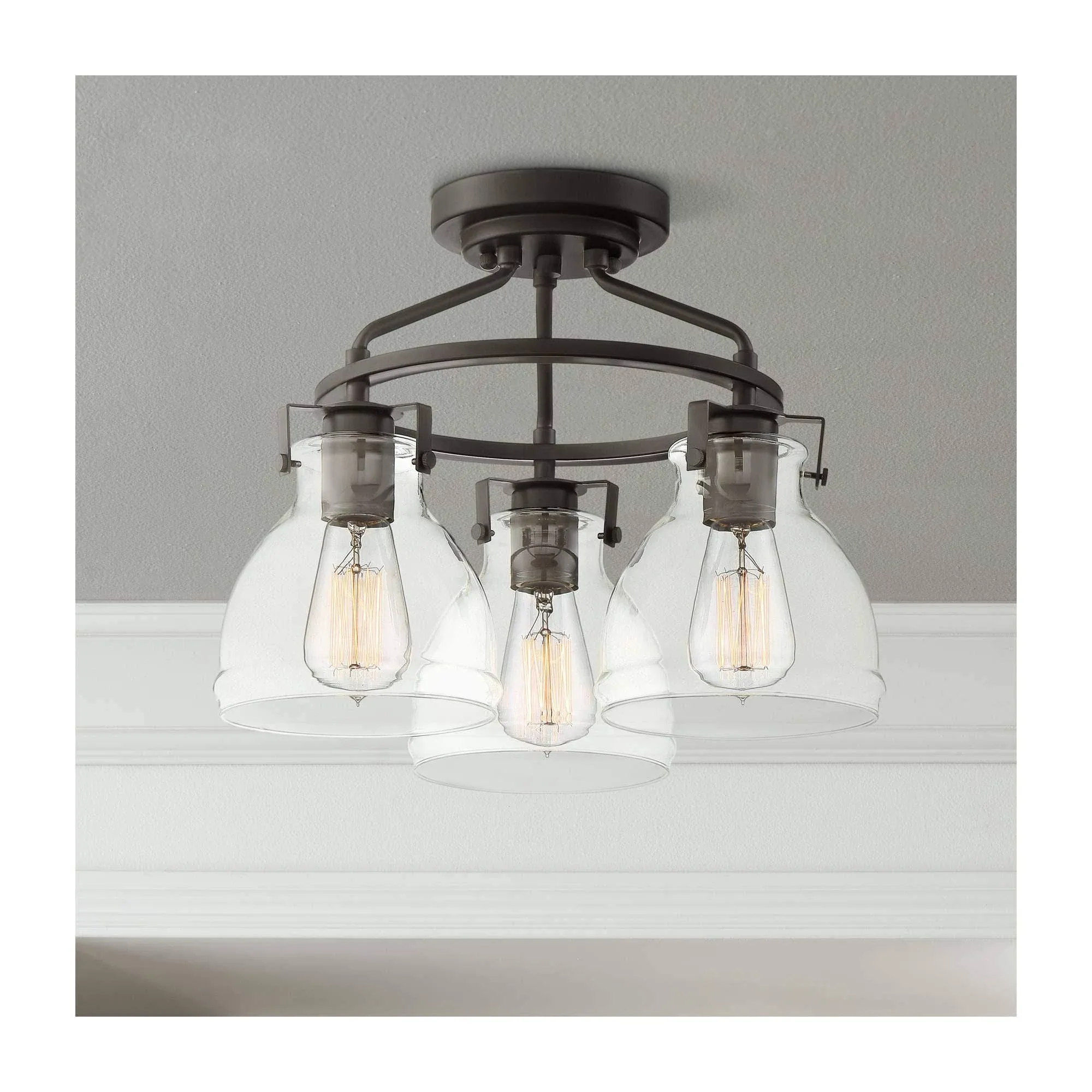 Bellis Industrial Rustic Farmhouse Ceiling Light Semi Flush-Mount Fixture 14 1/2 Wide Bronze 3-Light Clear Glass Shade for Bedroom Kitchen Living Room Hallway Dining Room House